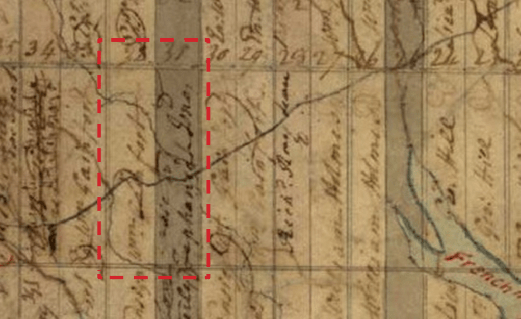 Lots 31&32, Con. 3 B.F. Township of Pickering, County of Ontario Crown Lands Map No. 28, by Thomas Ridout, 1823 with later revisions. The clergy reserve lands are identified in blue. (Ontario Archives, OA)