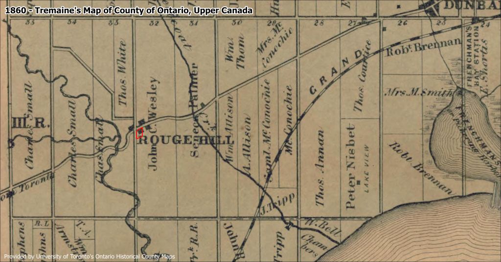 Lots 31&32, Con. 3 B.F. Tremaine’s Map of the County of Ontario, Upper Canada by John Shier Esq. P.L.A. & County Engineer and published by Geo. C. Tremaine, 1860. (University of Toronto Map & Data Library)