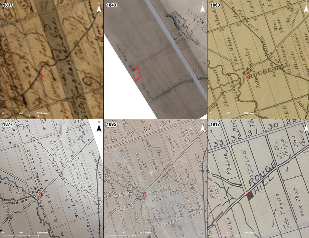 Historic Maps Showing the Property
1. Archives of Ontario, "Pickering Township 1837.
2. Library and Archives Canada, "Plan and Section of the Kingston Road from the Rouge Hill to the Eastern Boundary of the ownship of Whitby 1843.
3. Shier, J., "Tremaine's Map of the Couty of Ontario, Upper Canada, 1860
4. J.H. Beers & Co., "Map of Pickeroing Township", In: J.H. Beers & Co., "Illustrated Historical Atlas of the County of Ontario Ont.", 1877.
5. Charles E. Goad, “Map of the Township of Pickering, Ontario County”, scale 60 chains to 1 inch, Toronto, ON: Charles E. Goad, 1895.
6. A.E. Guidal, “Guidal Landowners’ Map of Pickering Township, Ontario County, Province of Ontario”, Map and Advertising Co. Limited, 1917.