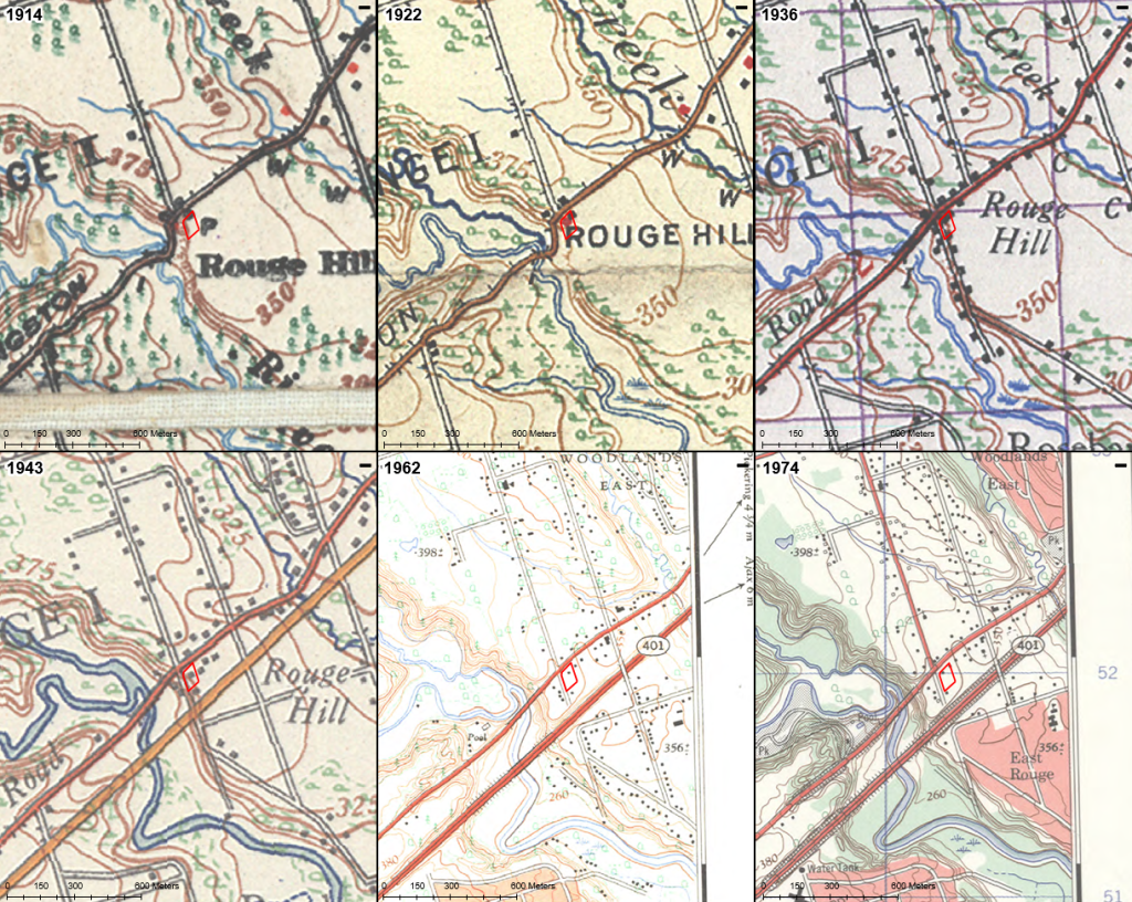 Topographic Maps Showing the Property REFERENCE(S)
1. Department of Militia and Defence, Survey Division, "Ontaio, Markham Sheet", 1914.
2. Department of Militia and Defence, "Quebec, Markham Sheet", 1922.
3. Department of National Defence, Geographical Section, General Staff, "Markham, Ontario", 1936.
4. Department of National Defence, Geographical Section, General Staff, "Markham, Ontario", 1936.
5. Army Survey Establishment, R.C.E., "Highland Creek, Ontario", 1962.
6. Department of Energy, Mines, and Resources, Surveys and Mapping Branch, "Highland Creek, Ontario", 1974