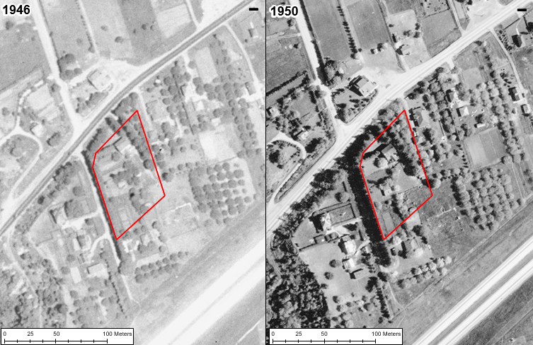 Historic Aerial Photographs of the Property
1. National Air Photo Library, "A10118-25", scale 1:20,000, roll A10118 photo 25, 1946.
2. National Air Photo Library, "A12499-3", scale 1:10,000, roll A12499 line 6W photo 3, 1950.